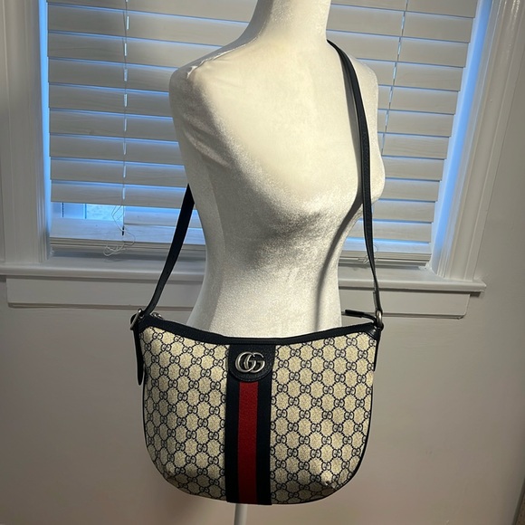 Authentic Gucci Ophidia Half Moon Hobo GG Coated Canvas Small Blue - Picture 2 of 13
